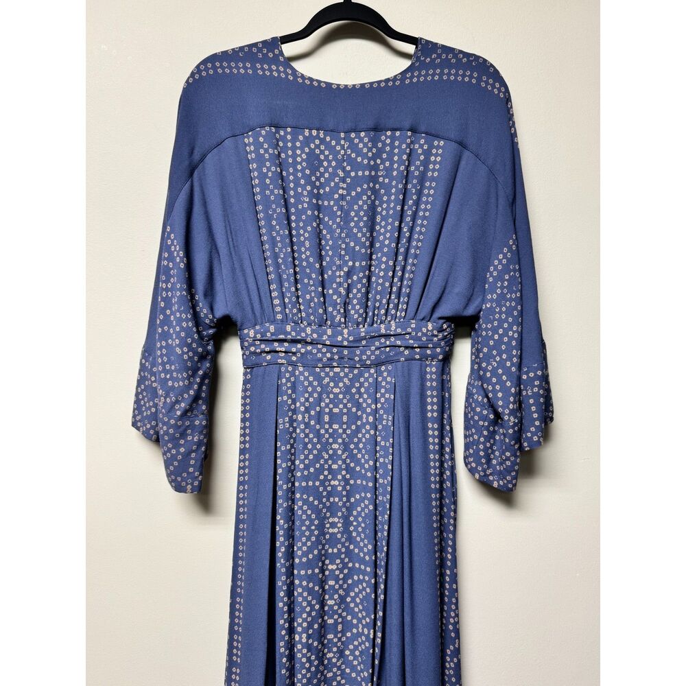 FREE PEOPLE Blue/Tan Modern Kimono Sleeve V-Neck Lace Up Midi/Maxi Dress, Sz 2 - Picture 11 of 16